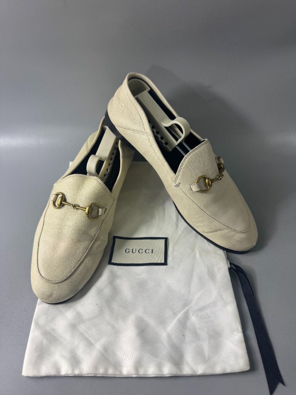 Authentic GUCCI Brixton Leather Horsebit Loafers in Mystic White, Size 36